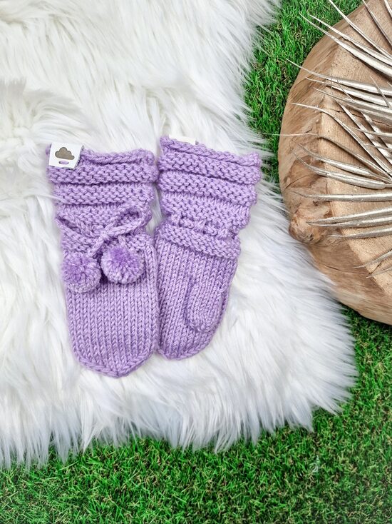 Adīti cimdi ar bumbuļie - Ceriņu, 6-12 mēn.