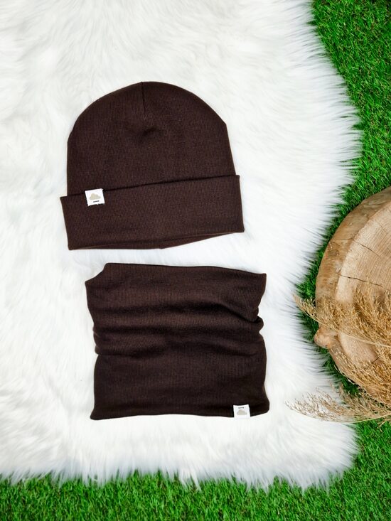 Komplekts cepure+ šalle  - Tumši brūns (rievota trikotāža), 52-54