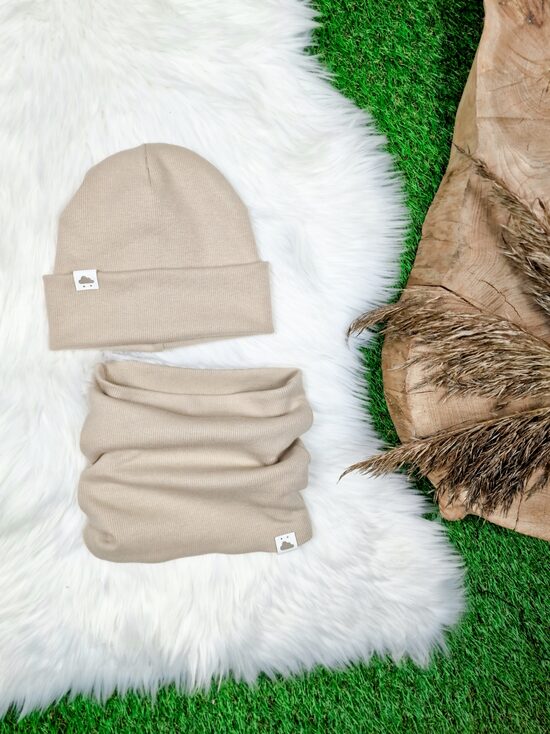 Komplekts cepure+ šalle  - Bēšs (rievota trikotāža), 52-54