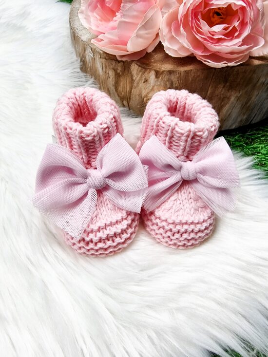 Adīti zābaciņi ar tilla bantīti- Gaiši rozā,  0-3 mēn.