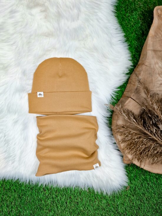 Komplekts cepure+ šalle  - Dūmakaini dzeltens (rievota trikotāža), 48-50