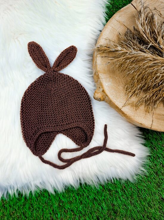 Adīta cepure "Zaķis"- Brūna, 0-3 mēn.