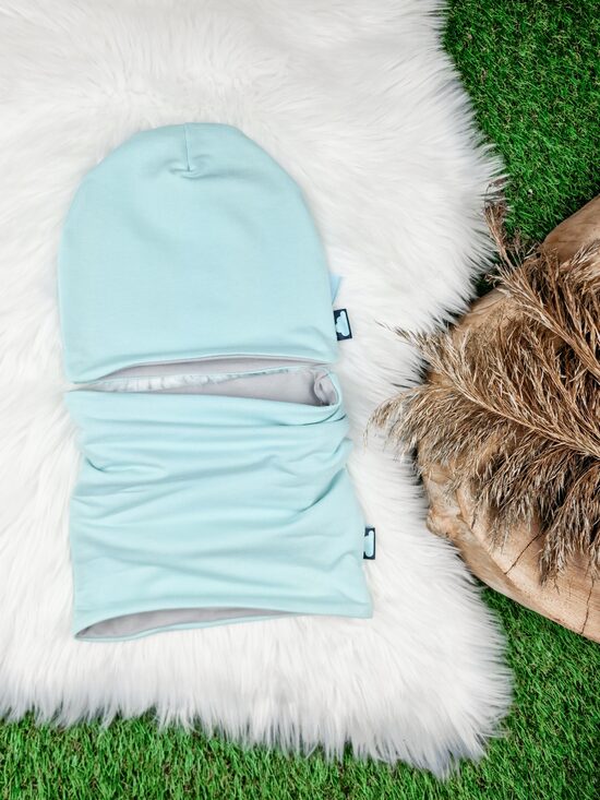 Komplekts Cepure+šalle - Gaiši zils/gaiši pelēks, 48-50