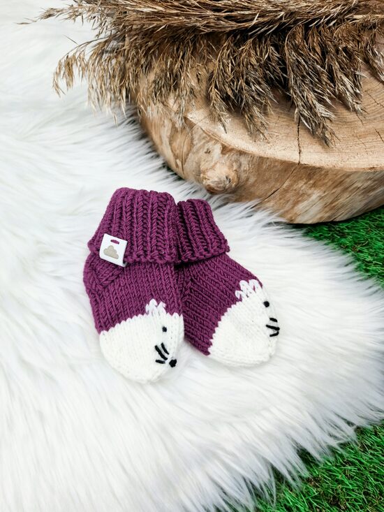 Adītas zeķītes "Kaķis" - Fuksijas/ Balts, 3-6 mēn.