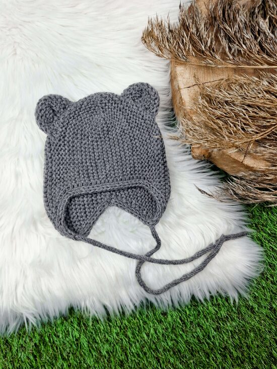 Adīta cepure ar lāča austiņām- Pelēka, 3-6 mēn.