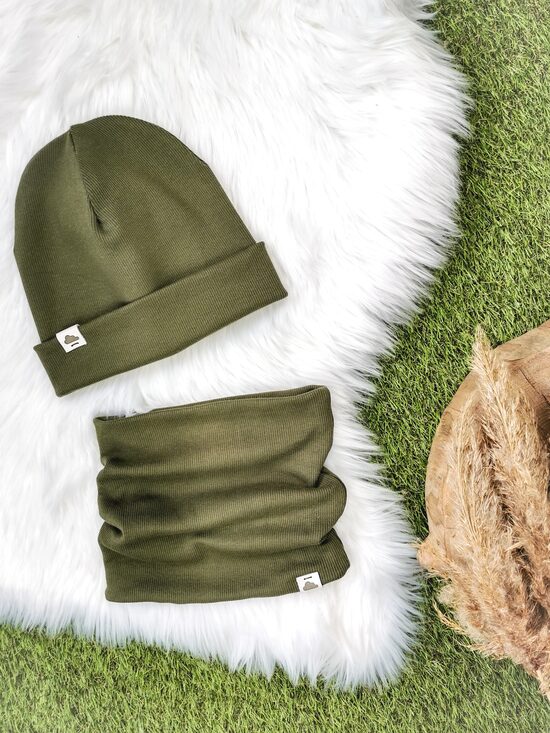 Komplekts cepure+ šalle  - Haki (rievota trikotāža), 54-56