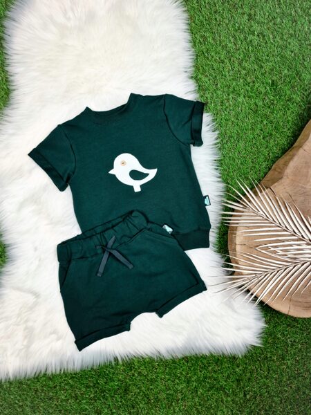 Komplekts krekls + šorti "Putniņš"- Tumši zaļš (vidēji biezs), 80/86