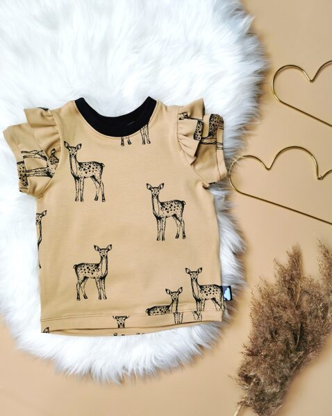 Tkrekls ar volāniem un stirniņām - Bēšs (plāna kokvilnas trikotāža)