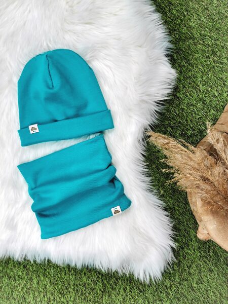 Komplekts cepure+ šalle  - Tirkīza zila  (rievota trikotāža)