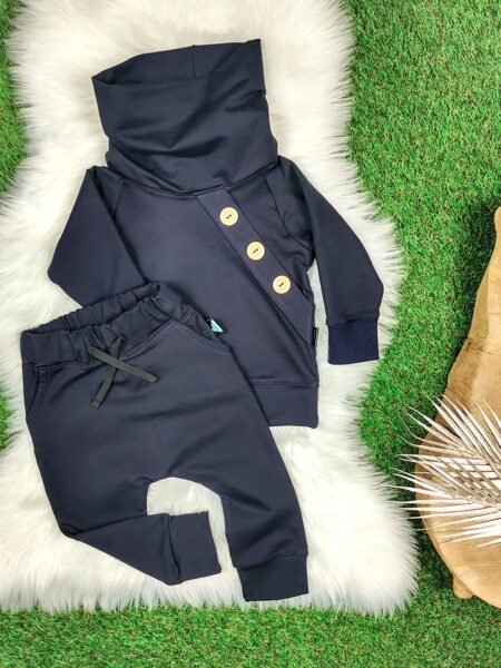 Komplekts Džemperis ar pogām (garā apkakle) + Bikses- Tumši zils