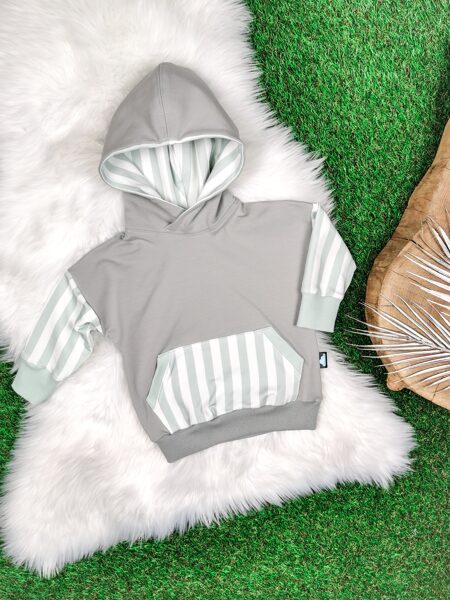 Džemperis ar kapuci (Ovesize) "Svītras"- Dūmakaini zils/pelēks, 80/86